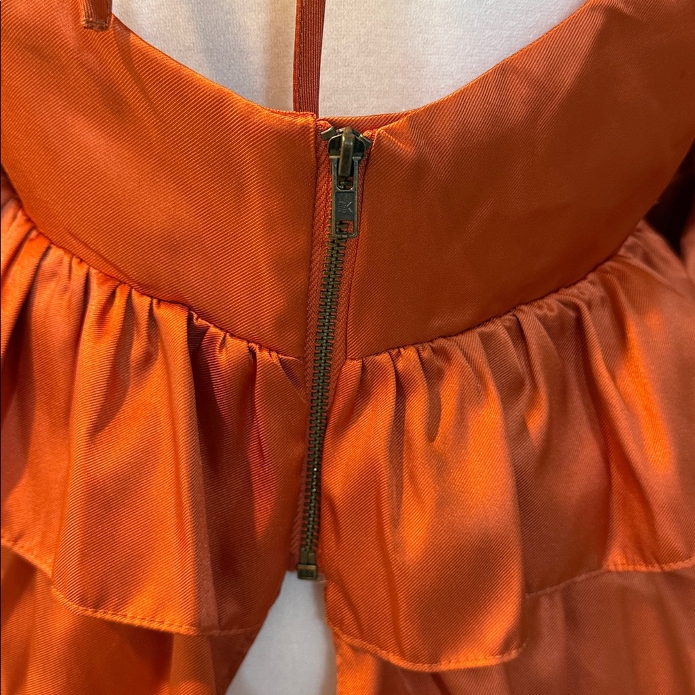 Asos Luxe Satin Babydoll Blouse Ruffle Blouson Sleeve Cinnamon Long Size 6 NWT - Picture 8 of 12